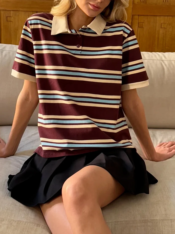 Hirsionsan Polo Neck T Shirt Women Soft Chic Tees 95% Cotton Jumper Clothes Loose Casual Pullover 2025 Summer New Crop Tops