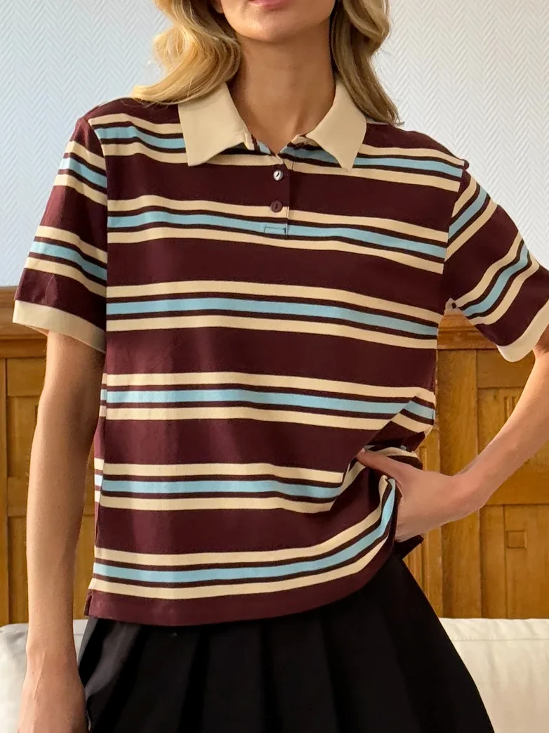 Hirsionsan Polo Neck T Shirt Women Soft Chic Tees 95% Cotton Jumper Clothes Loose Casual Pullover 2025 Summer New Crop Tops