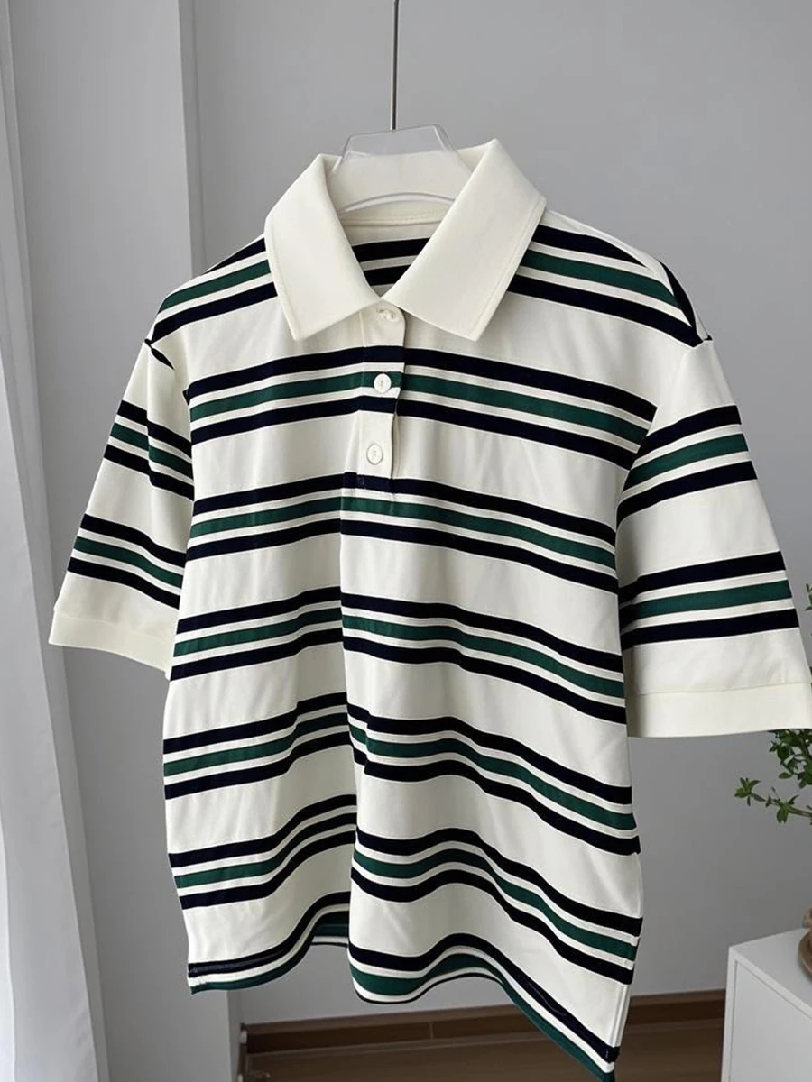 Hirsionsan Polo Neck T Shirt Women Soft Chic Tees 95% Cotton Jumper Clothes Loose Casual Pullover 2025 Summer New Crop Tops
