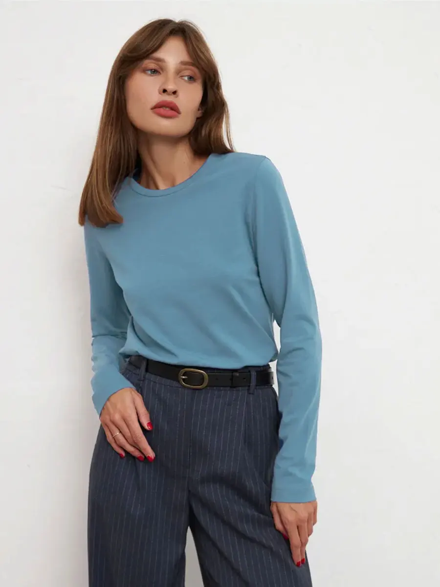 Wolfeel Women's Spring Autumn 100% Cotton T-shirt Bottoming Basic Solid Lady Long Sleeve Loose Tops Shirts Oversized T Shirt