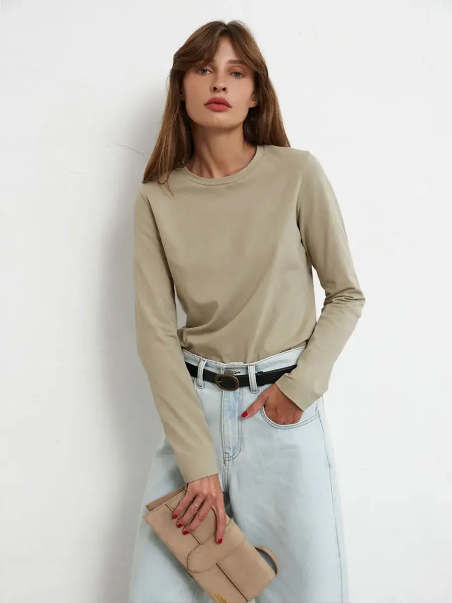 Wolfeel Women's Spring Autumn 100% Cotton T-shirt Bottoming Basic Solid Lady Long Sleeve Loose Tops Shirts Oversized T Shirt