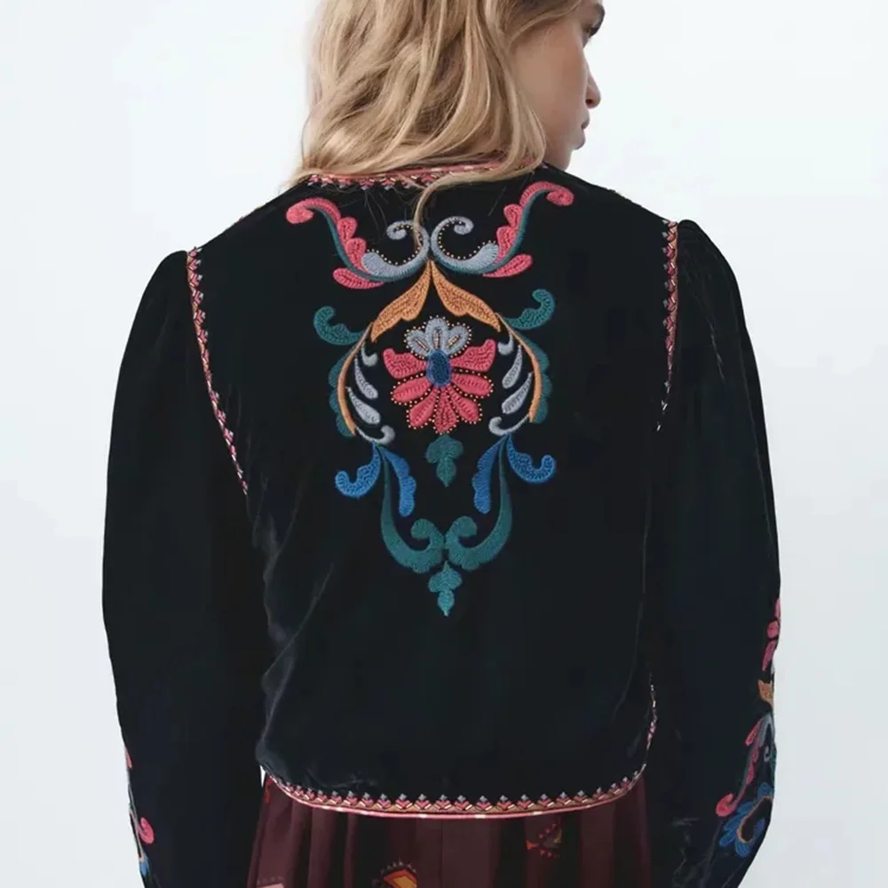 XESAY Women Winter Jacket 2022  Embroidery Coat Long Sleeve Outerwear O-Neck  Vintage Open Stitch  Casual Velvet Waist Coat