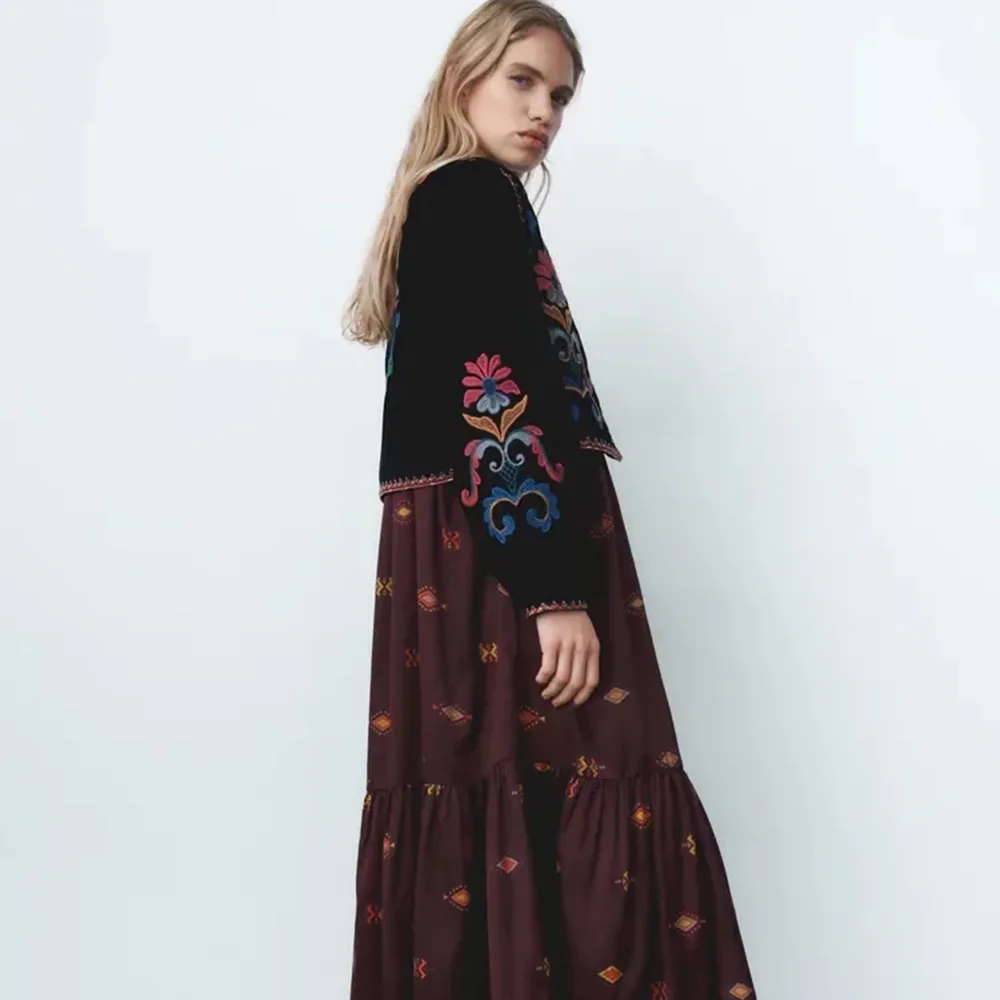 XESAY Women Winter Jacket 2022  Embroidery Coat Long Sleeve Outerwear O-Neck  Vintage Open Stitch  Casual Velvet Waist Coat