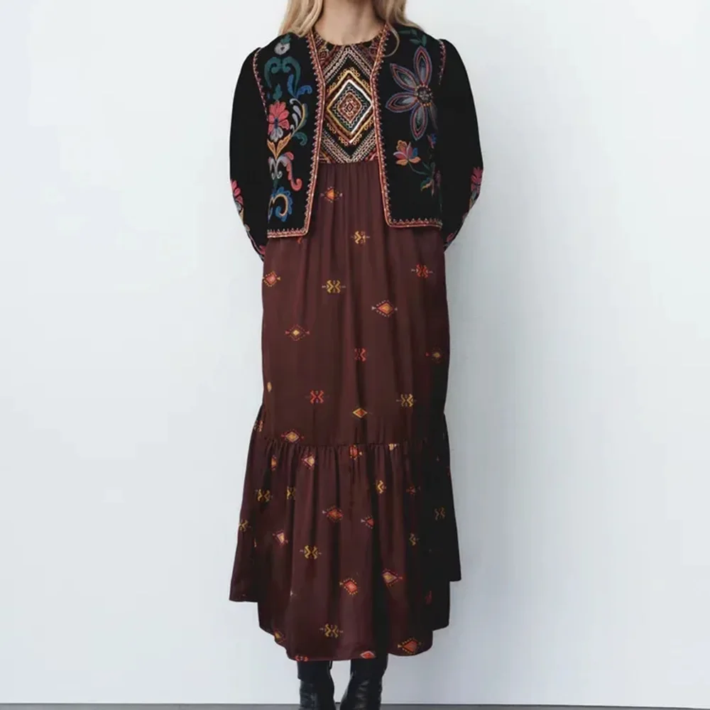 XESAY Women Winter Jacket 2022  Embroidery Coat Long Sleeve Outerwear O-Neck  Vintage Open Stitch  Casual Velvet Waist Coat