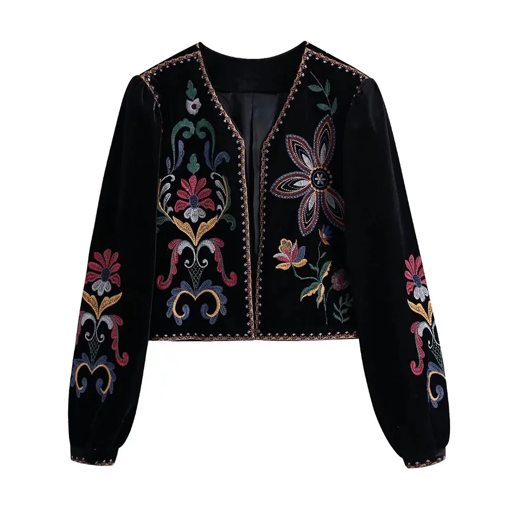 XESAY Women Winter Jacket 2022  Embroidery Coat Long Sleeve Outerwear O-Neck  Vintage Open Stitch  Casual Velvet Waist Coat
