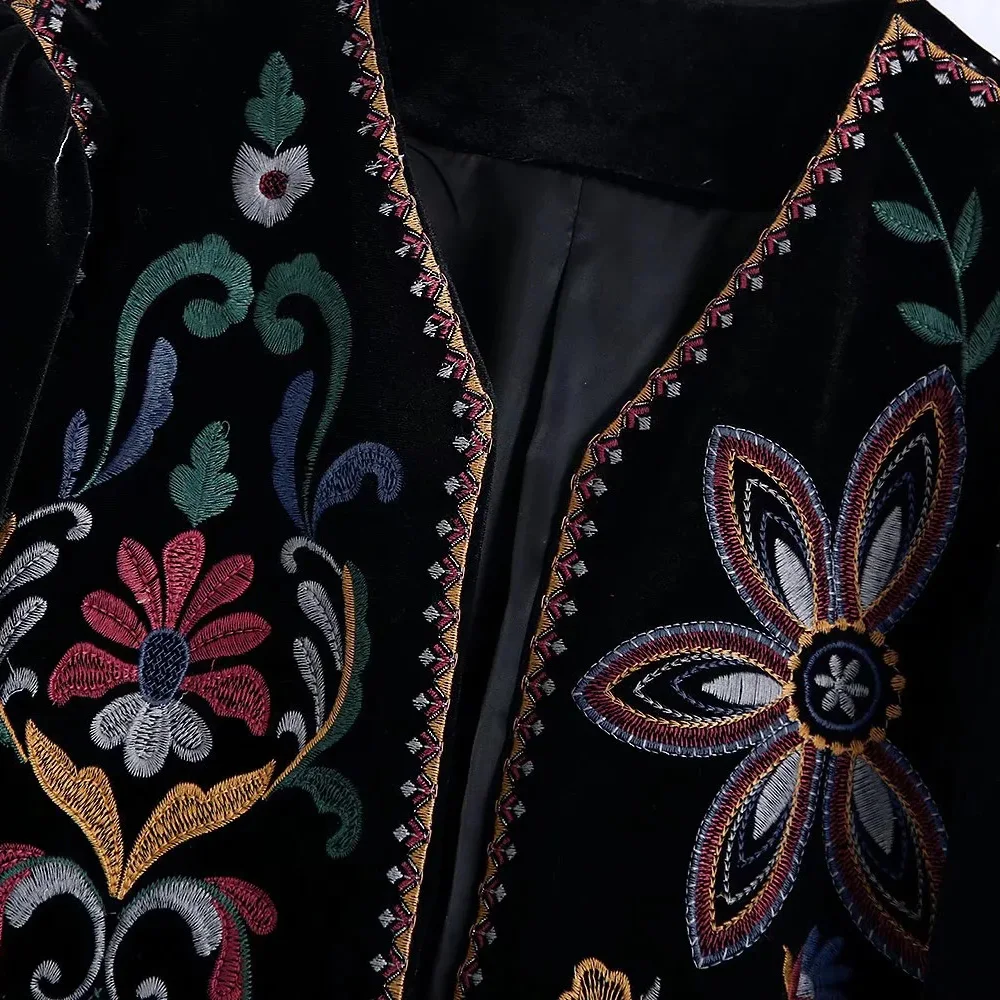 XESAY Women Winter Jacket 2022  Embroidery Coat Long Sleeve Outerwear O-Neck  Vintage Open Stitch  Casual Velvet Waist Coat