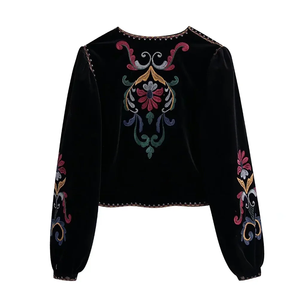 XESAY Women Winter Jacket 2022  Embroidery Coat Long Sleeve Outerwear O-Neck  Vintage Open Stitch  Casual Velvet Waist Coat