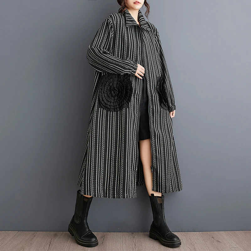 2026 Spring Autumn Oversized Vintage Stripe Long Trench Coat For Women Patchwork Floral Casual Loose Vintage Outerwear Cardigan