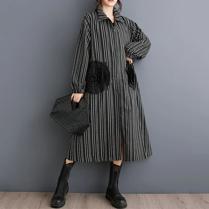 2026 Spring Autumn Oversized Vintage Stripe Long Trench Coat For Women Patchwork Floral Casual Loose Vintage Outerwear Cardigan