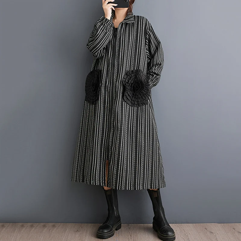 2026 Spring Autumn Oversized Vintage Stripe Long Trench Coat For Women Patchwork Floral Casual Loose Vintage Outerwear Cardigan