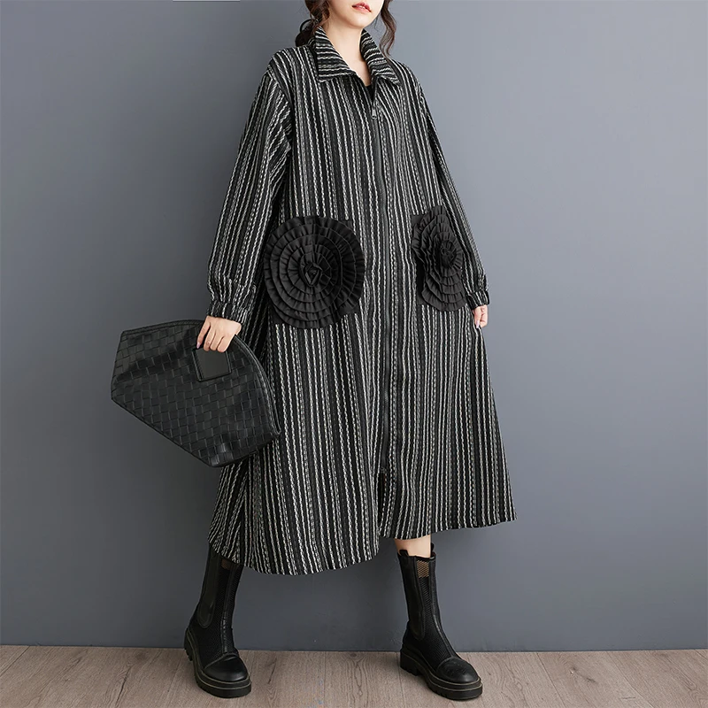 2026 Spring Autumn Oversized Vintage Stripe Long Trench Coat For Women Patchwork Floral Casual Loose Vintage Outerwear Cardigan