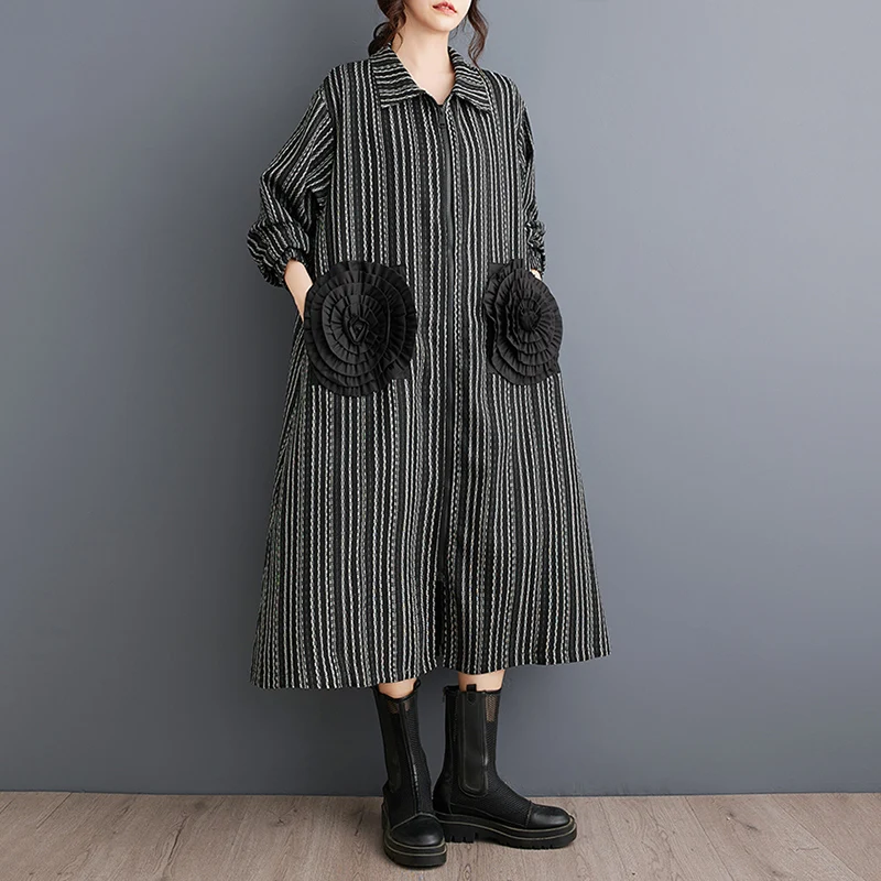 2026 Spring Autumn Oversized Vintage Stripe Long Trench Coat For Women Patchwork Floral Casual Loose Vintage Outerwear Cardigan