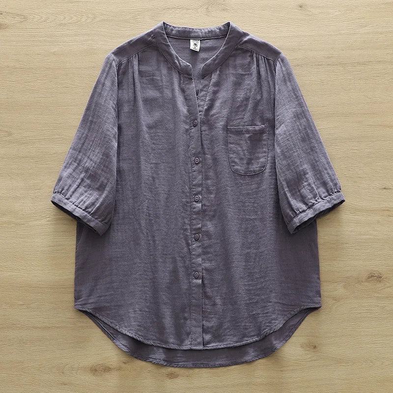 New Spring Cotton Yarn Shirt Women Stand Collar Short Sleeve Solid Top Girl Fashion Pocket Retro Blouses 2024 Summer T44995QM