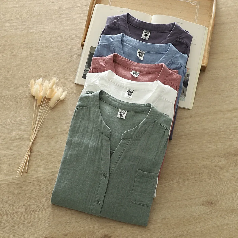 New Spring Cotton Yarn Shirt Women Stand Collar Short Sleeve Solid Top Girl Fashion Pocket Retro Blouses 2024 Summer T44995QM