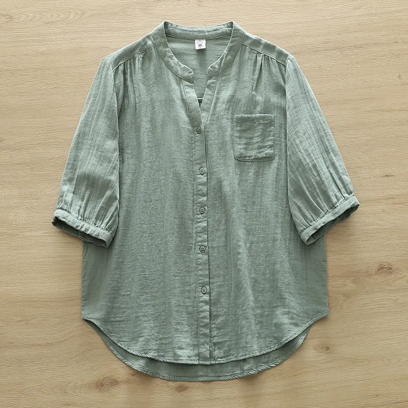 New Spring Cotton Yarn Shirt Women Stand Collar Short Sleeve Solid Top Girl Fashion Pocket Retro Blouses 2024 Summer T44995QM