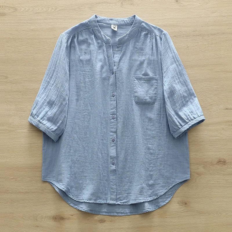 New Spring Cotton Yarn Shirt Women Stand Collar Short Sleeve Solid Top Girl Fashion Pocket Retro Blouses 2024 Summer T44995QM