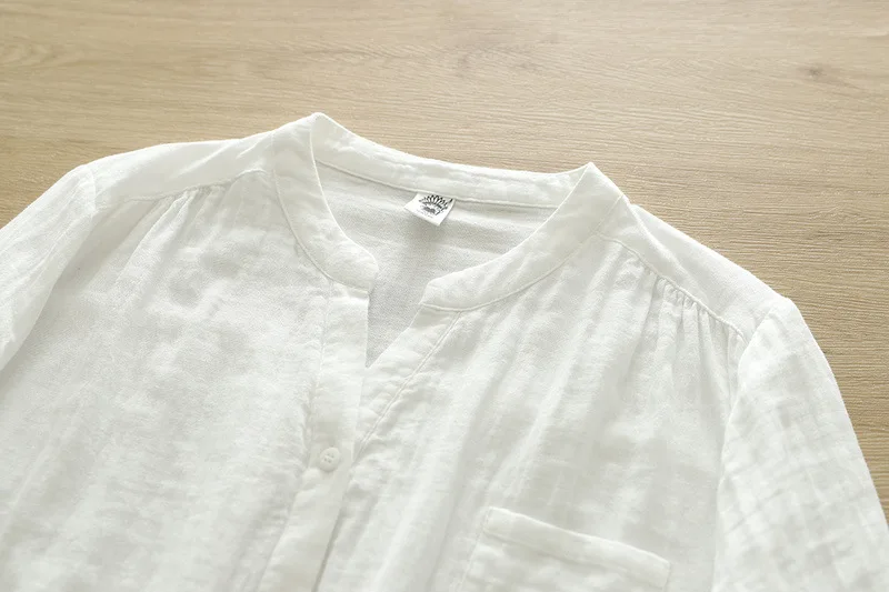 New Spring Cotton Yarn Shirt Women Stand Collar Short Sleeve Solid Top Girl Fashion Pocket Retro Blouses 2024 Summer T44995QM