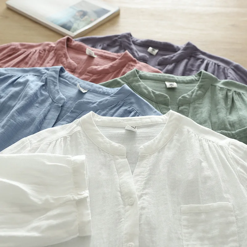 New Spring Cotton Yarn Shirt Women Stand Collar Short Sleeve Solid Top Girl Fashion Pocket Retro Blouses 2024 Summer T44995QM