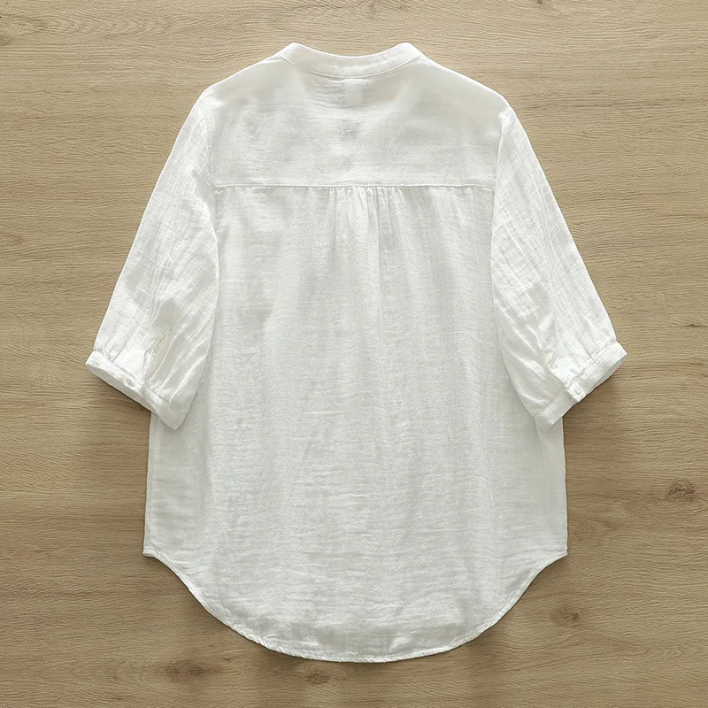 New Spring Cotton Yarn Shirt Women Stand Collar Short Sleeve Solid Top Girl Fashion Pocket Retro Blouses 2024 Summer T44995QM
