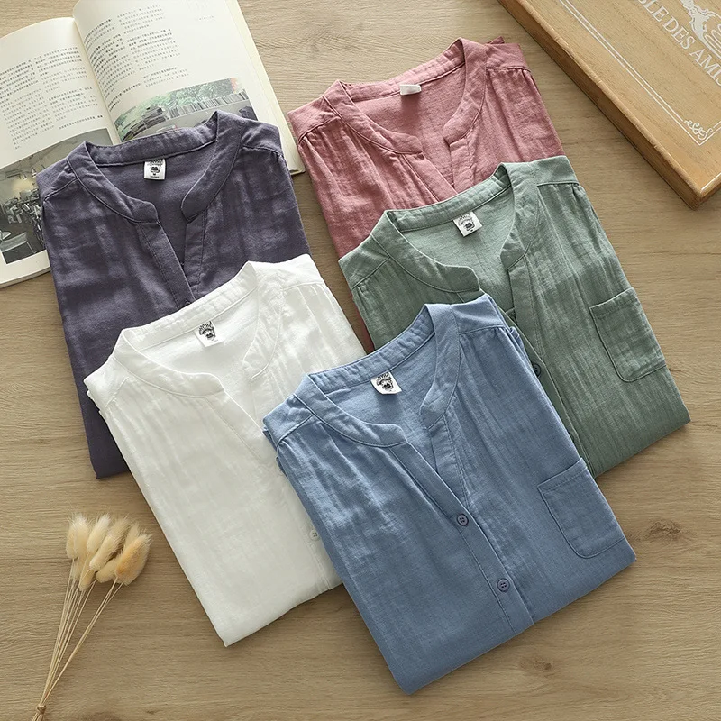 New Spring Cotton Yarn Shirt Women Stand Collar Short Sleeve Solid Top Girl Fashion Pocket Retro Blouses 2024 Summer T44995QM