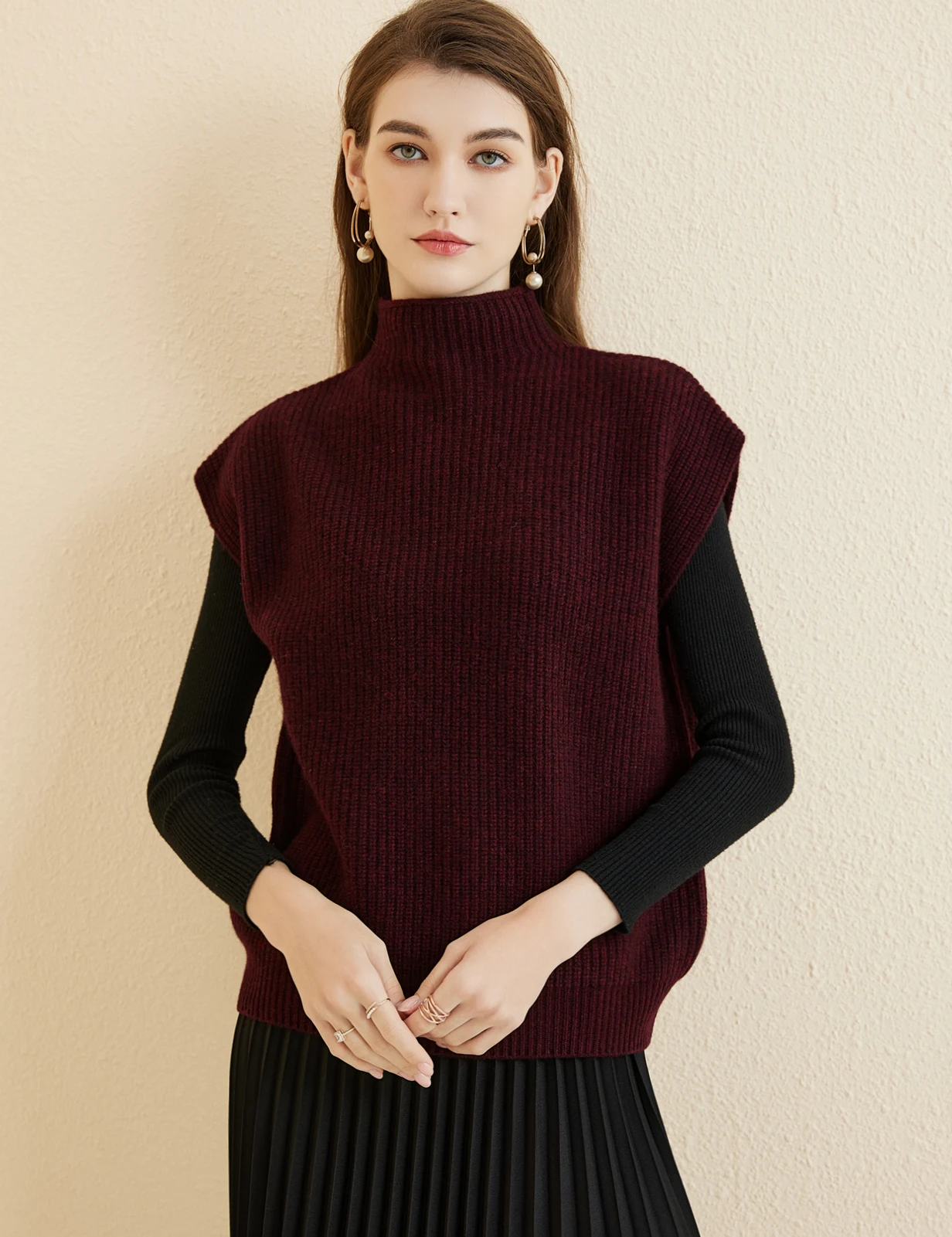 LONGMING Women's Vest Sweater 100% Merino Wool Sweater Vest Mockneck Fall Winter Warm Sleeveless Knitted Pullover Vest Classical