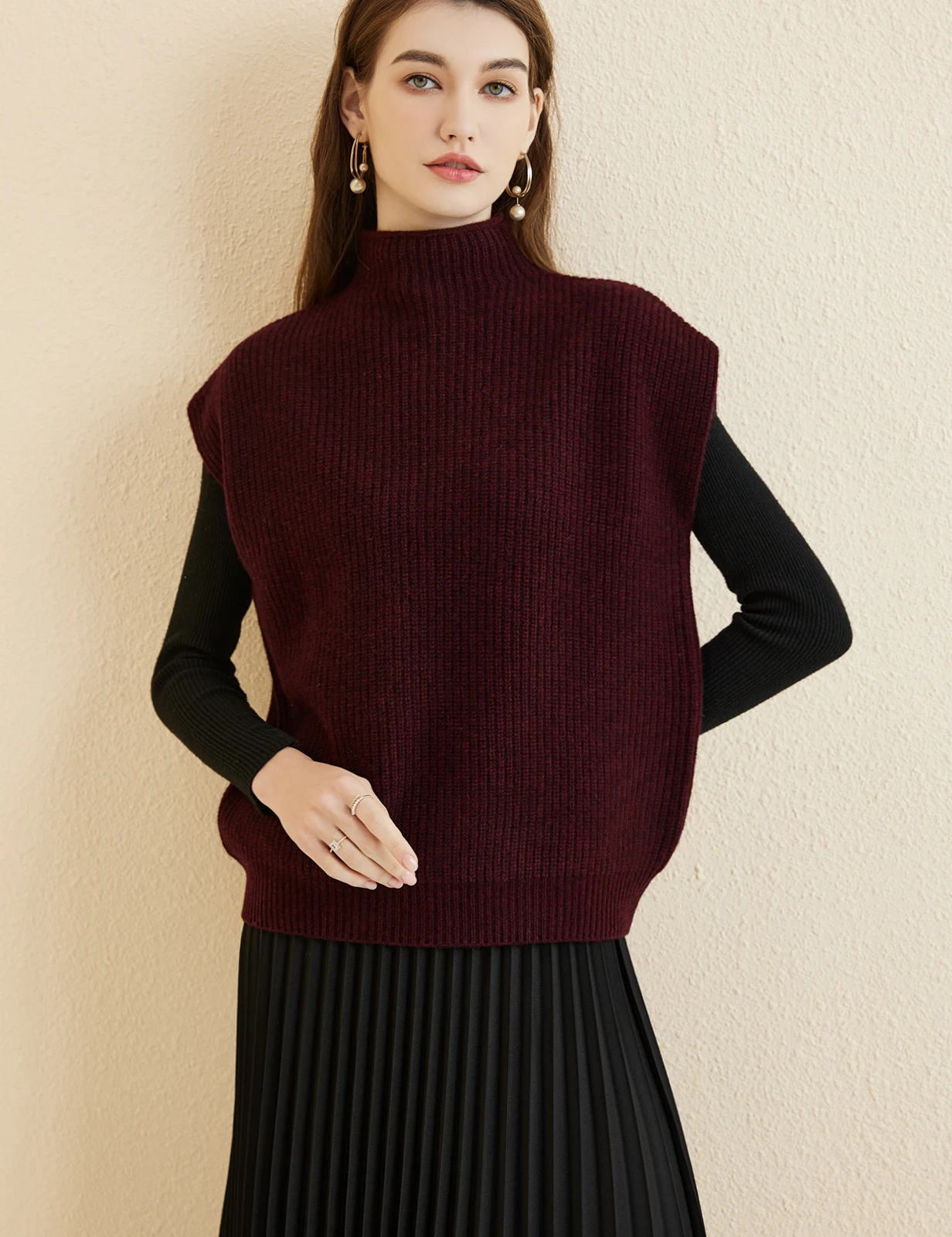 LONGMING Women's Vest Sweater 100% Merino Wool Sweater Vest Mockneck Fall Winter Warm Sleeveless Knitted Pullover Vest Classical