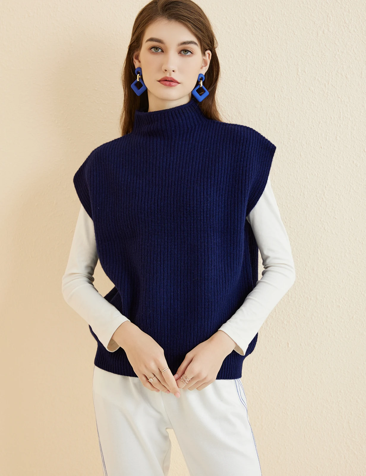 LONGMING Women's Vest Sweater 100% Merino Wool Sweater Vest Mockneck Fall Winter Warm Sleeveless Knitted Pullover Vest Classical