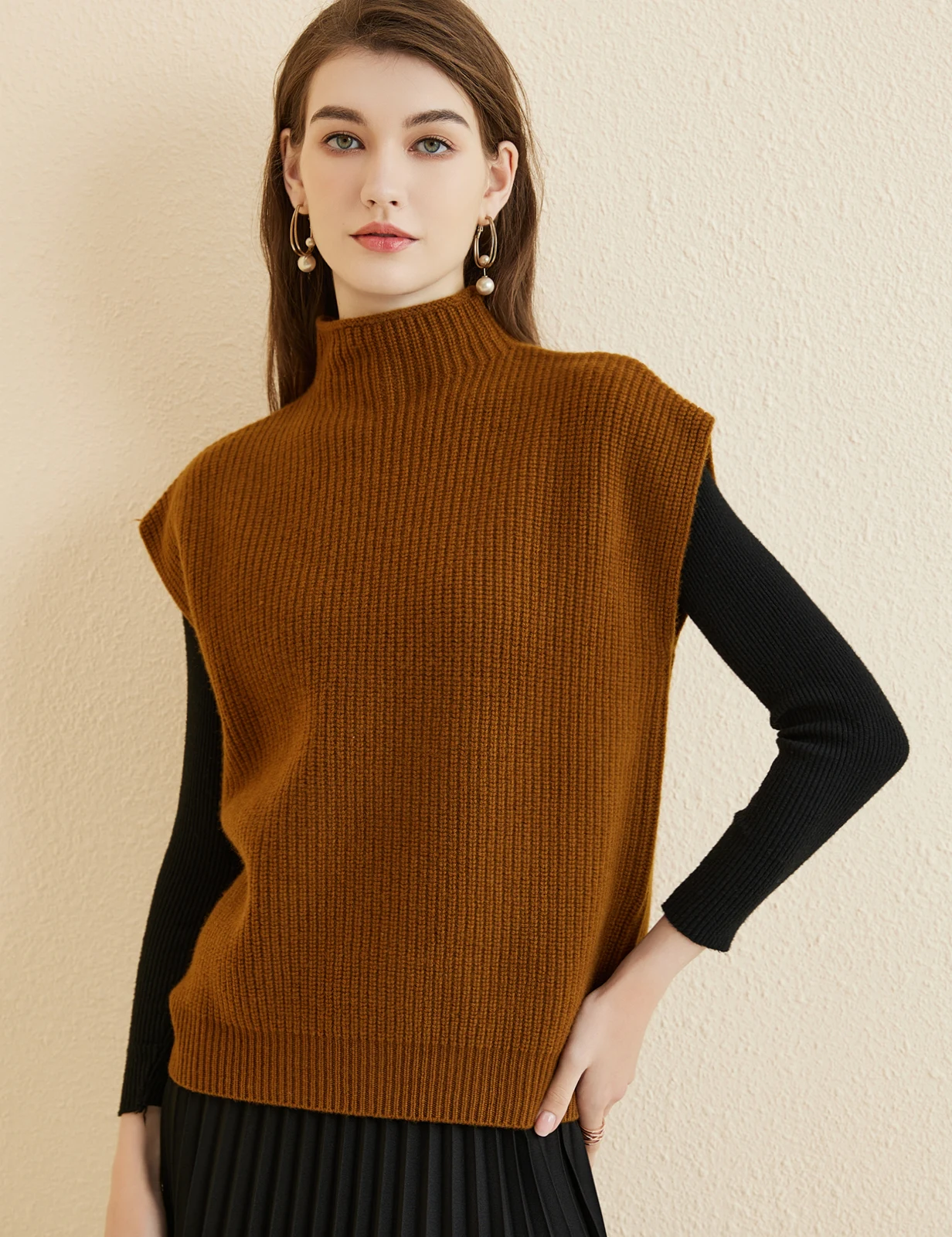 LONGMING Women's Vest Sweater 100% Merino Wool Sweater Vest Mockneck Fall Winter Warm Sleeveless Knitted Pullover Vest Classical