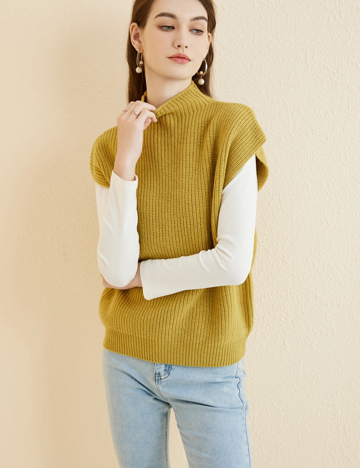 LONGMING Women's Vest Sweater 100% Merino Wool Sweater Vest Mockneck Fall Winter Warm Sleeveless Knitted Pullover Vest Classical