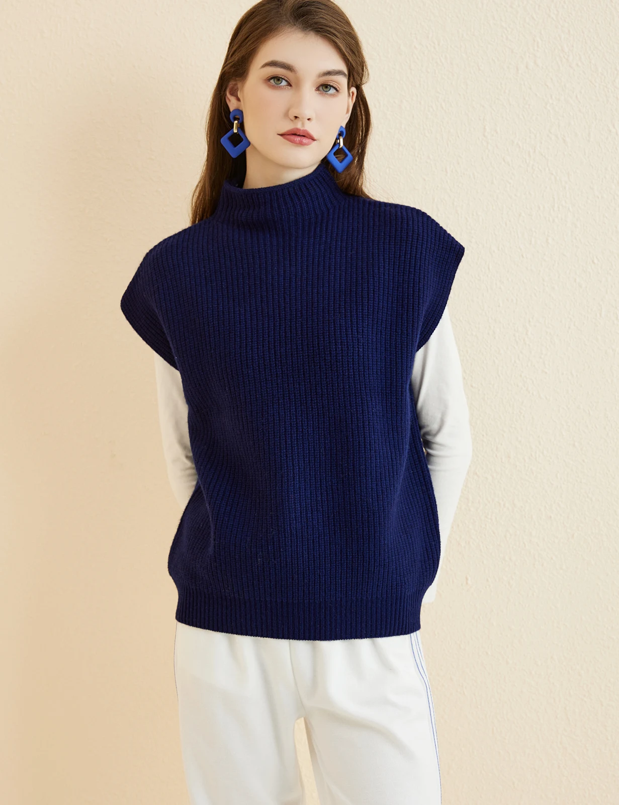 LONGMING Women's Vest Sweater 100% Merino Wool Sweater Vest Mockneck Fall Winter Warm Sleeveless Knitted Pullover Vest Classical