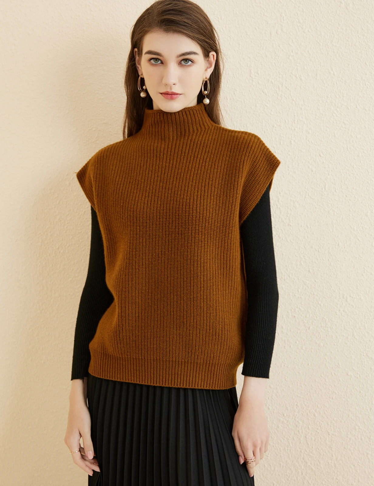 LONGMING Women's Vest Sweater 100% Merino Wool Sweater Vest Mockneck Fall Winter Warm Sleeveless Knitted Pullover Vest Classical