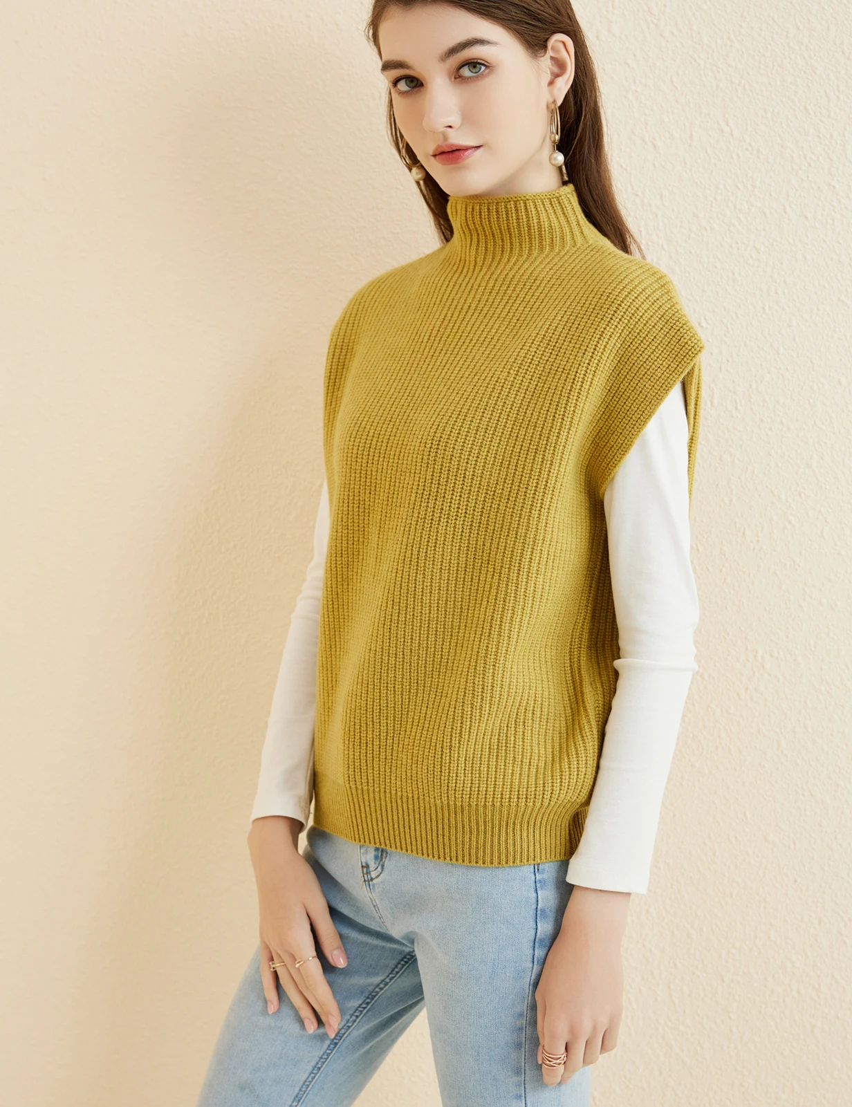 LONGMING Women's Vest Sweater 100% Merino Wool Sweater Vest Mockneck Fall Winter Warm Sleeveless Knitted Pullover Vest Classical
