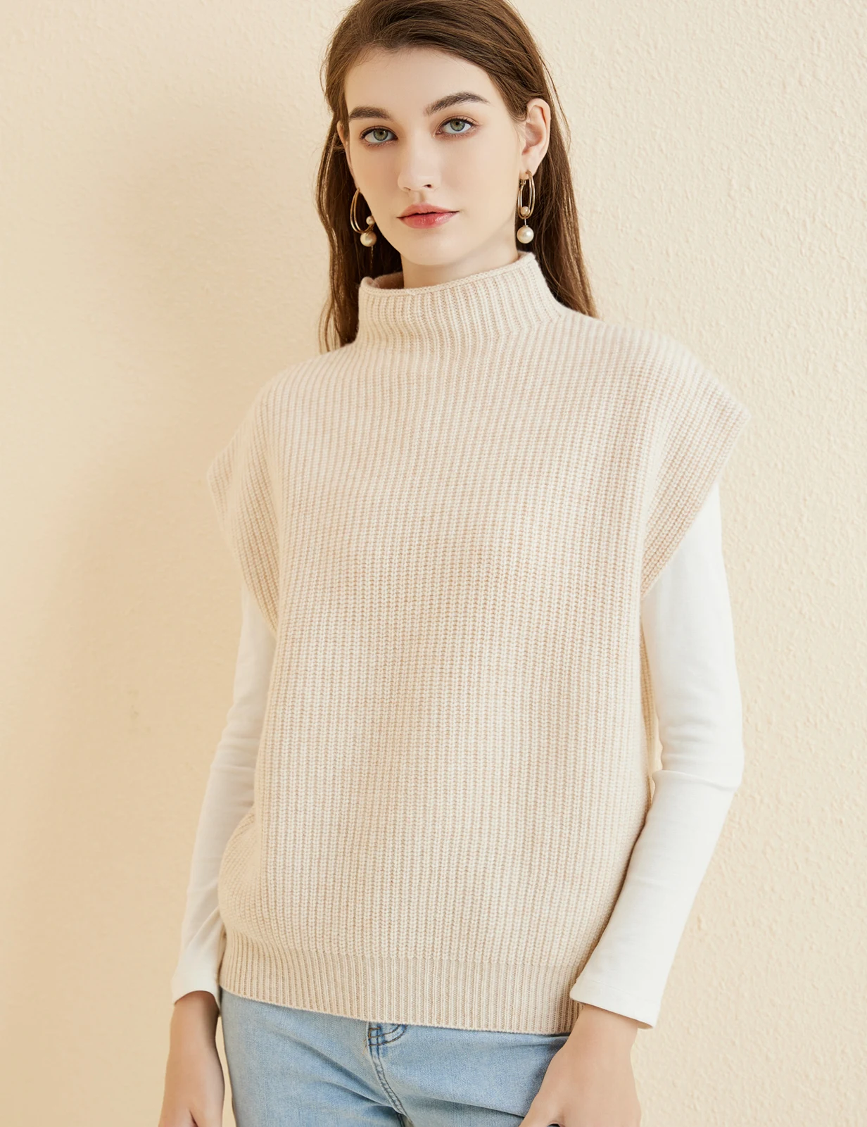 LONGMING Women's Vest Sweater 100% Merino Wool Sweater Vest Mockneck Fall Winter Warm Sleeveless Knitted Pullover Vest Classical
