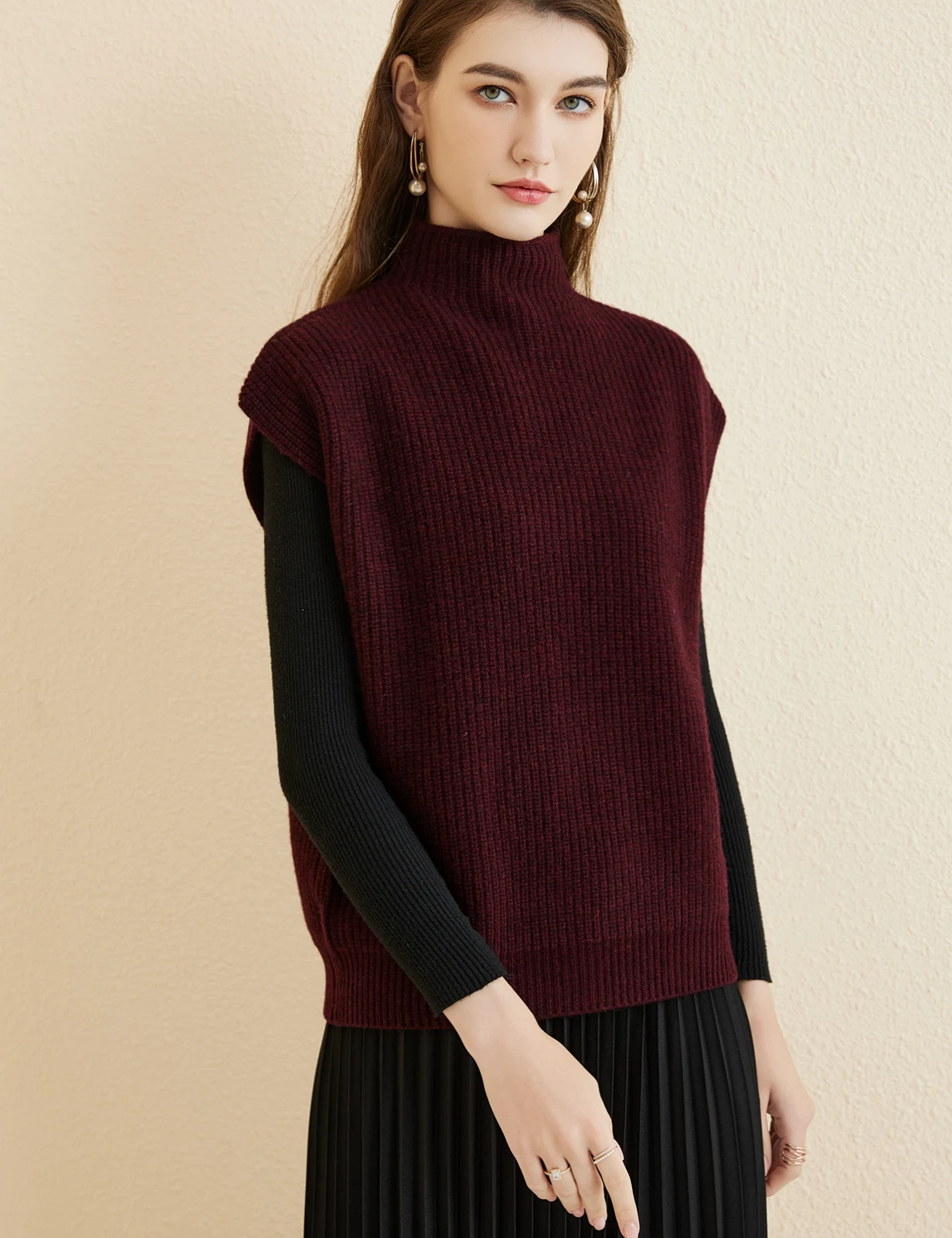 LONGMING Women's Vest Sweater 100% Merino Wool Sweater Vest Mockneck Fall Winter Warm Sleeveless Knitted Pullover Vest Classical