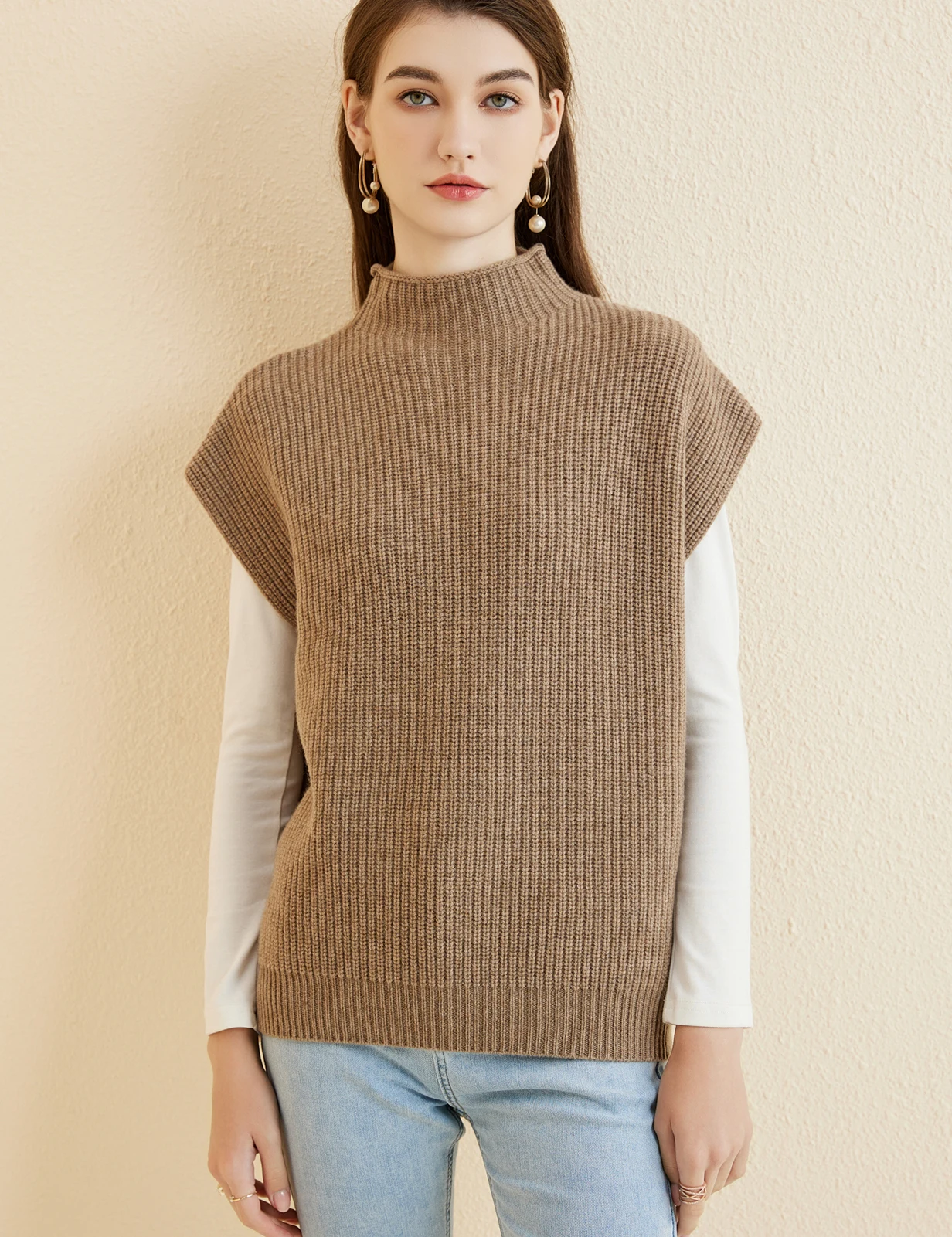 LONGMING Women's Vest Sweater 100% Merino Wool Sweater Vest Mockneck Fall Winter Warm Sleeveless Knitted Pullover Vest Classical