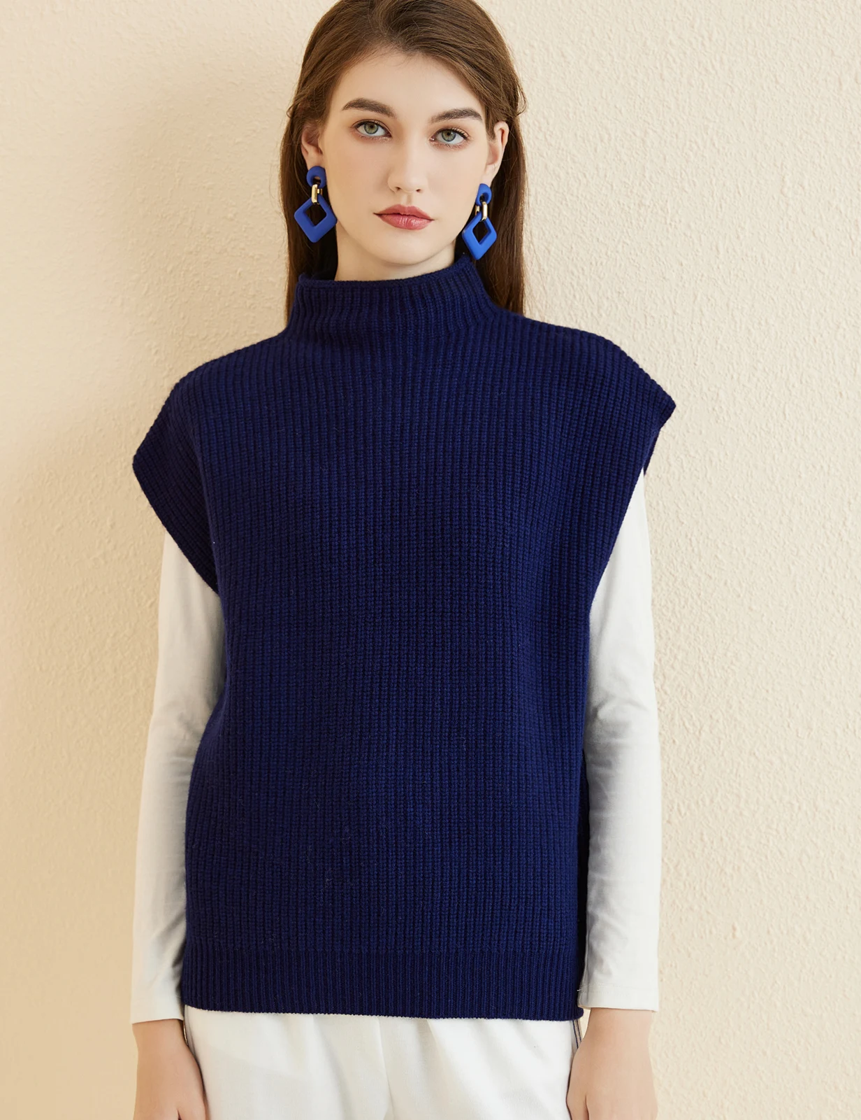 LONGMING Women's Vest Sweater 100% Merino Wool Sweater Vest Mockneck Fall Winter Warm Sleeveless Knitted Pullover Vest Classical
