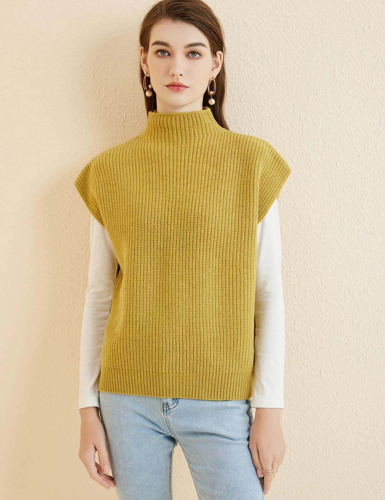 LONGMING Women's Vest Sweater 100% Merino Wool Sweater Vest Mockneck Fall Winter Warm Sleeveless Knitted Pullover Vest Classical