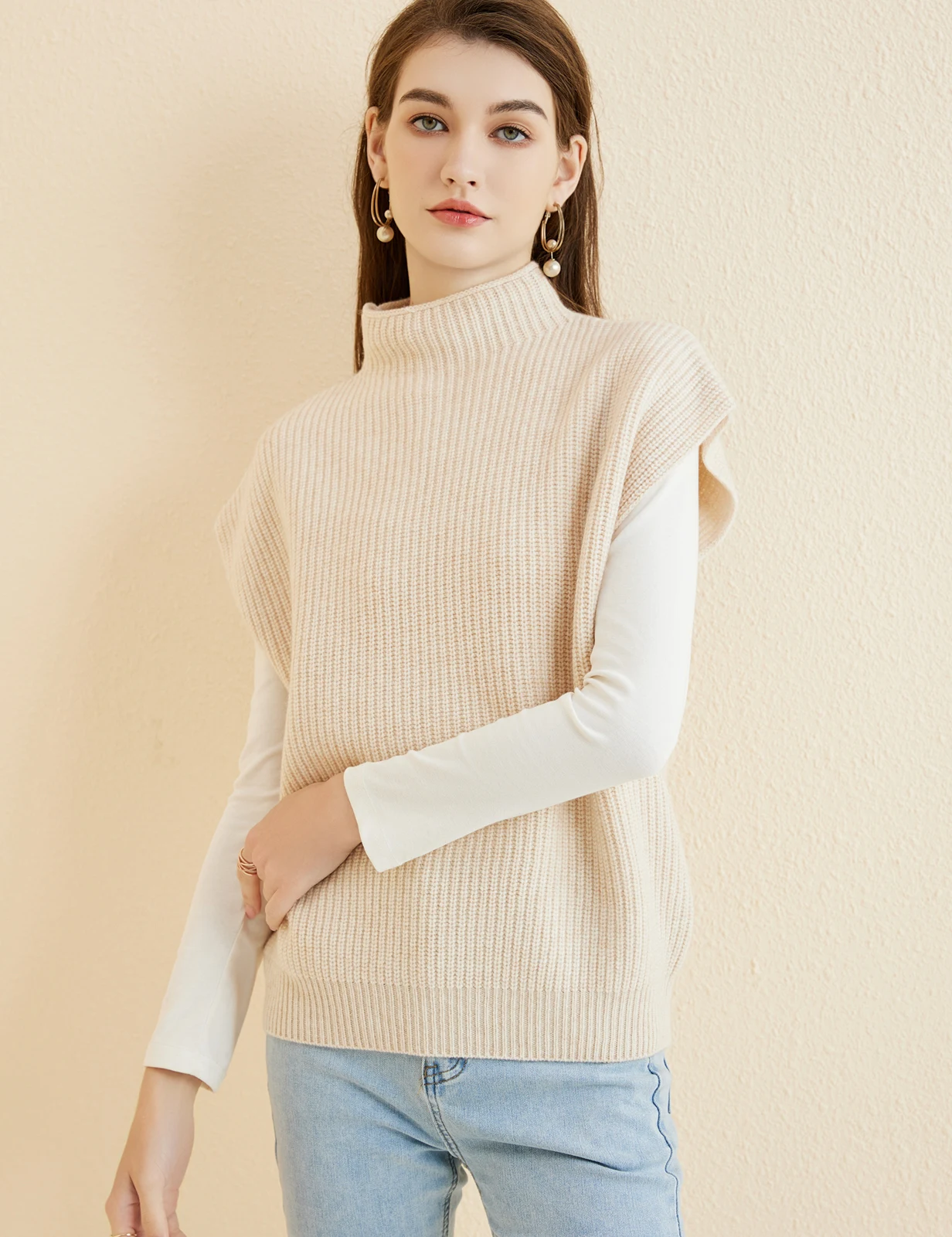 LONGMING Women's Vest Sweater 100% Merino Wool Sweater Vest Mockneck Fall Winter Warm Sleeveless Knitted Pullover Vest Classical