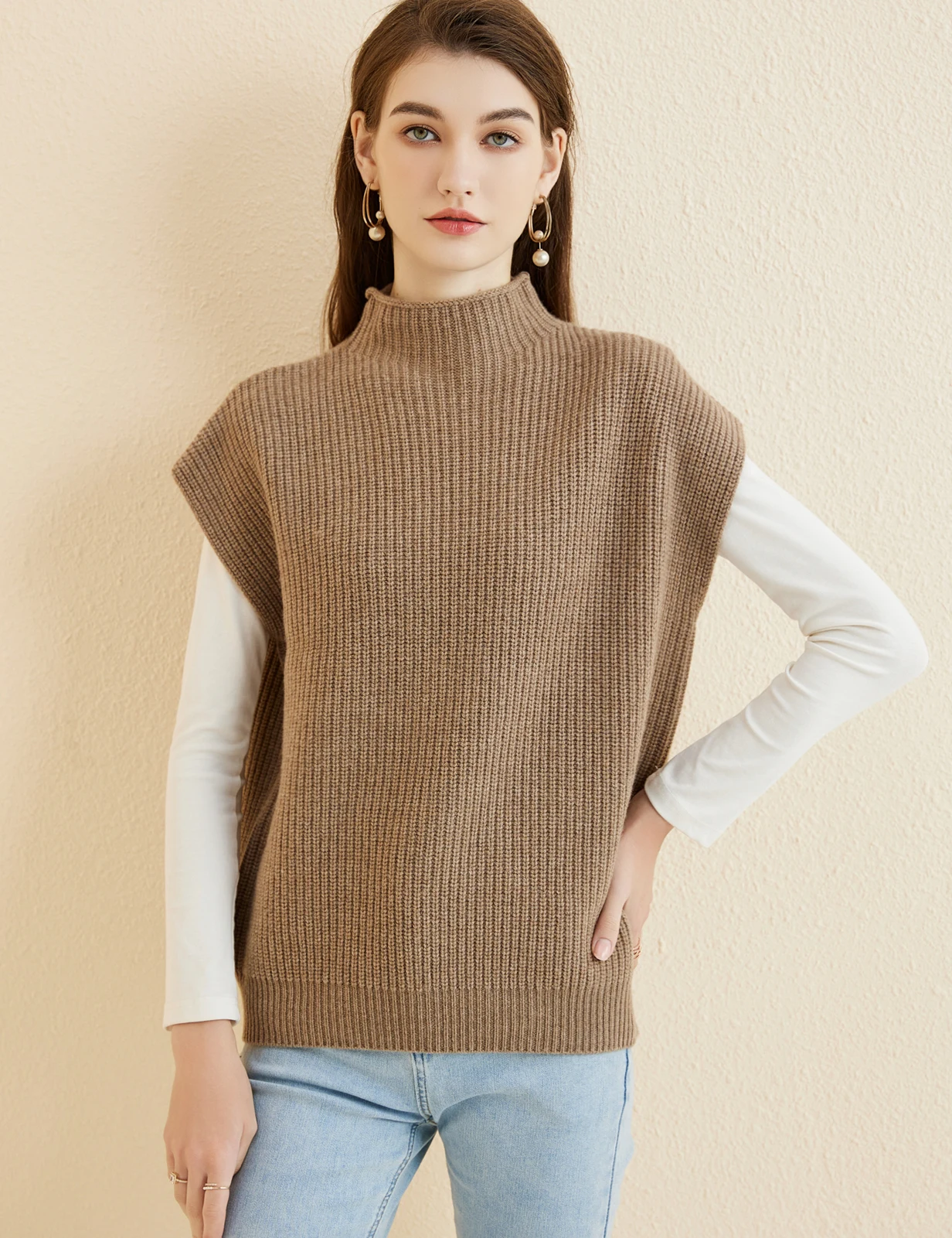 LONGMING Women's Vest Sweater 100% Merino Wool Sweater Vest Mockneck Fall Winter Warm Sleeveless Knitted Pullover Vest Classical