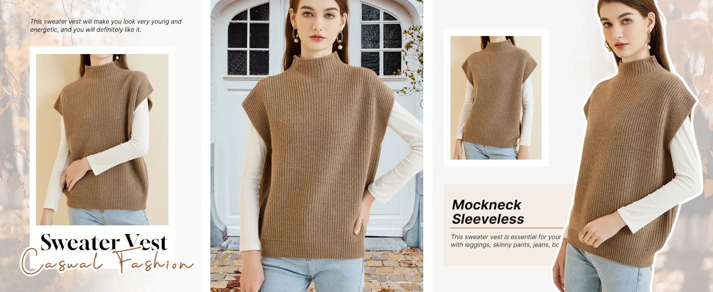 LONGMING Women's Vest Sweater 100% Merino Wool Sweater Vest Mockneck Fall Winter Warm Sleeveless Knitted Pullover Vest Classical