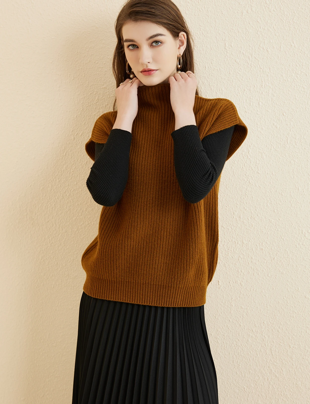 LONGMING Women's Vest Sweater 100% Merino Wool Sweater Vest Mockneck Fall Winter Warm Sleeveless Knitted Pullover Vest Classical