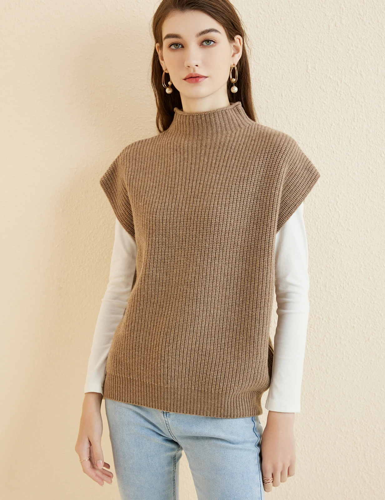 LONGMING Women's Vest Sweater 100% Merino Wool Sweater Vest Mockneck Fall Winter Warm Sleeveless Knitted Pullover Vest Classical
