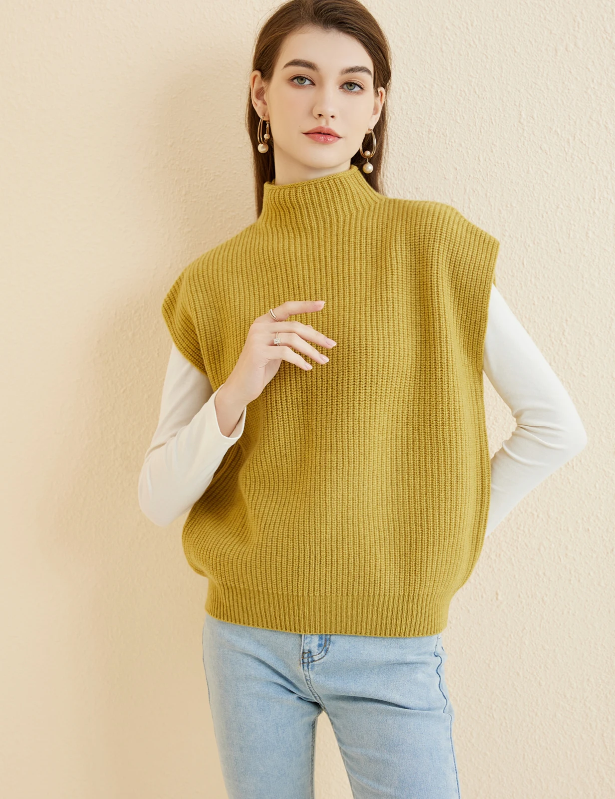 LONGMING Women's Vest Sweater 100% Merino Wool Sweater Vest Mockneck Fall Winter Warm Sleeveless Knitted Pullover Vest Classical