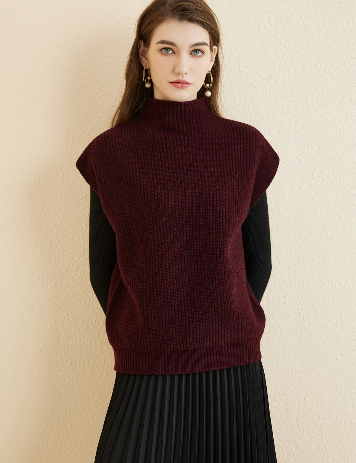LONGMING Women's Vest Sweater 100% Merino Wool Sweater Vest Mockneck Fall Winter Warm Sleeveless Knitted Pullover Vest Classical