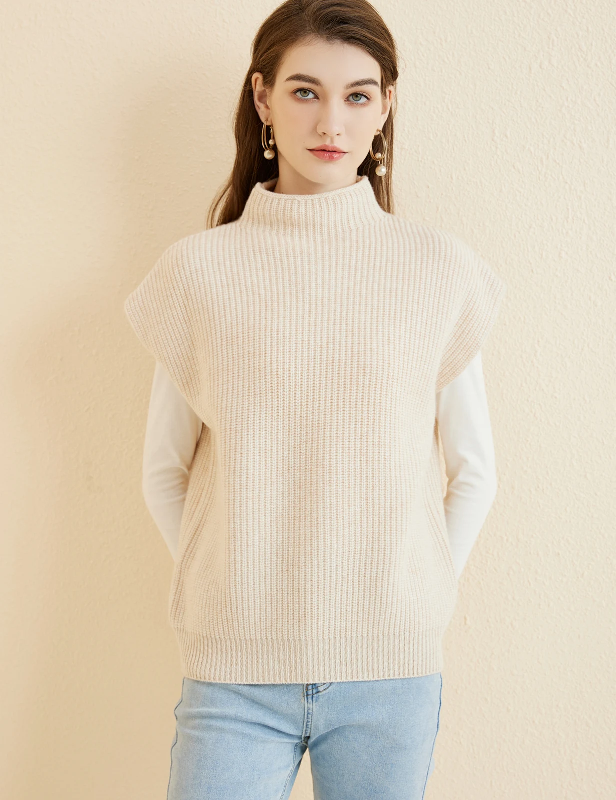 LONGMING Women's Vest Sweater 100% Merino Wool Sweater Vest Mockneck Fall Winter Warm Sleeveless Knitted Pullover Vest Classical