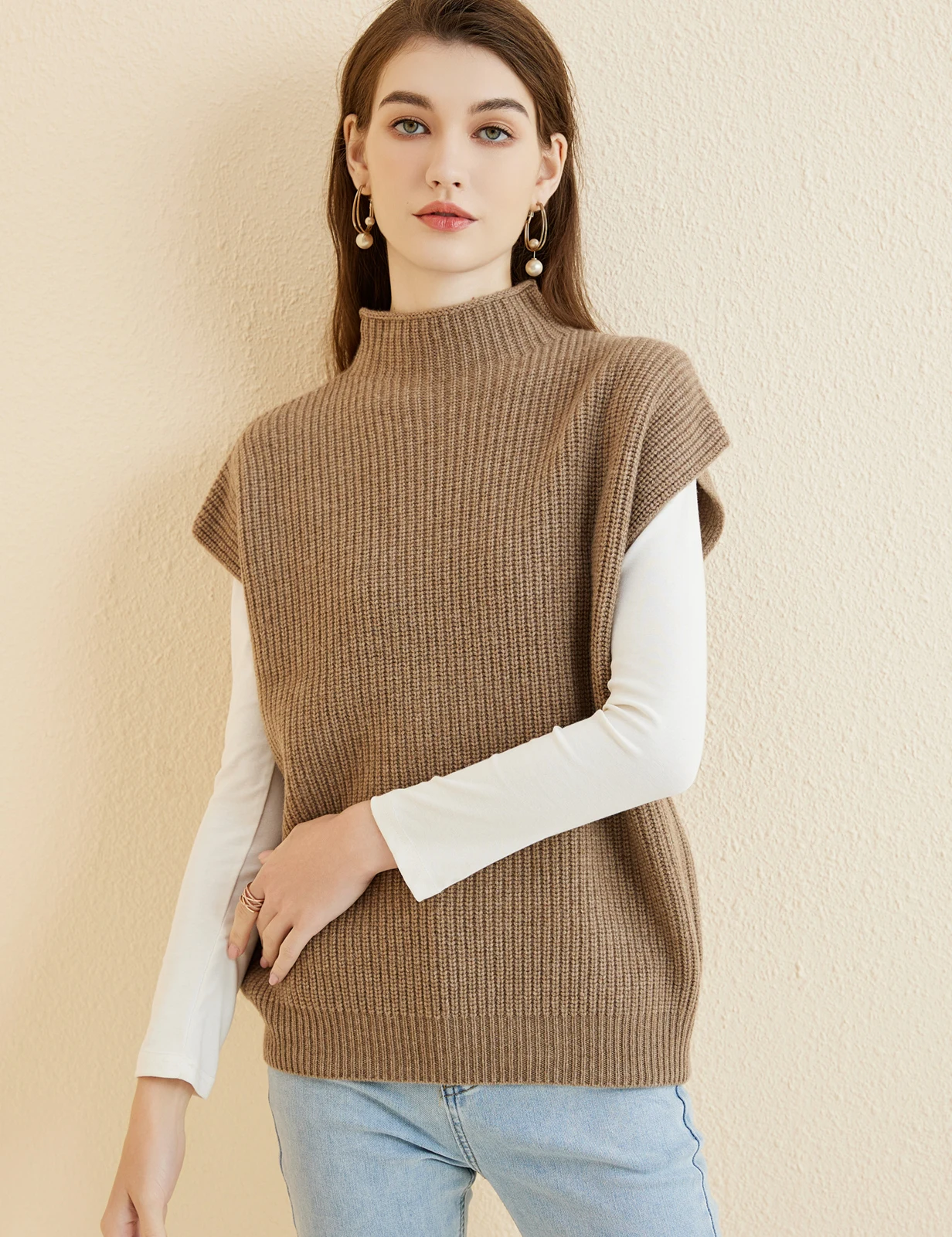 LONGMING Women's Vest Sweater 100% Merino Wool Sweater Vest Mockneck Fall Winter Warm Sleeveless Knitted Pullover Vest Classical