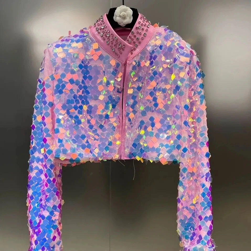 2026 Spring New Short Jackets Women Streetwear Colorful Gradient Sequins Heavy Industry Water Diamond Stand Collar Short Jackets