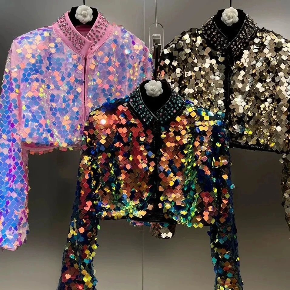 2026 Spring New Short Jackets Women Streetwear Colorful Gradient Sequins Heavy Industry Water Diamond Stand Collar Short Jackets
