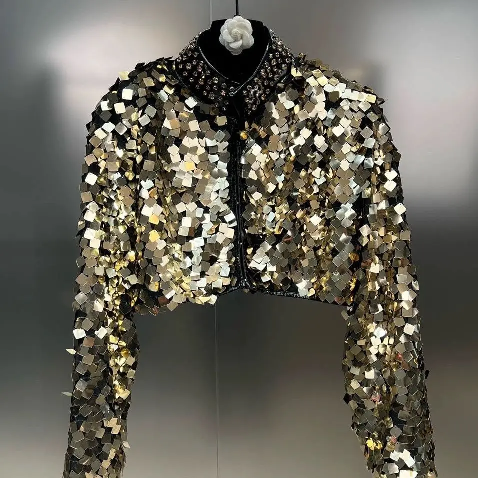 2026 Spring New Short Jackets Women Streetwear Colorful Gradient Sequins Heavy Industry Water Diamond Stand Collar Short Jackets
