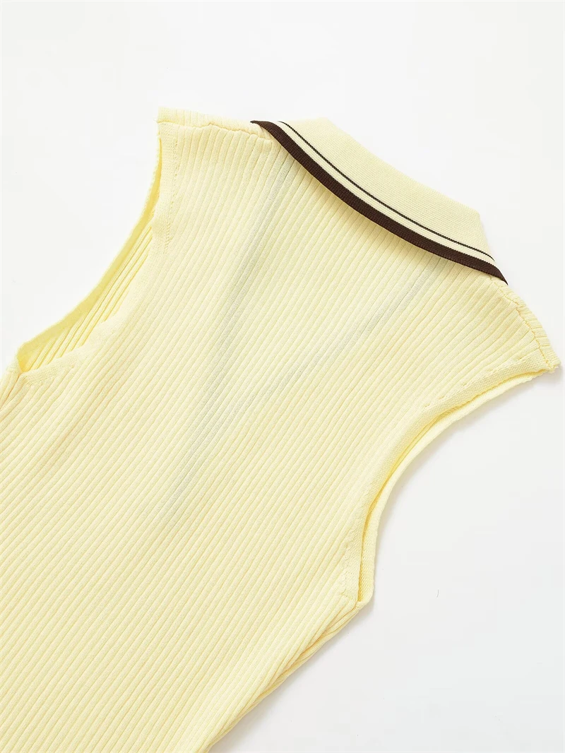 KEYANKETIAN Summer New Women's Striped Polo collar Sleeveless Knitted Top Preppy Style Slim Thin Knit Vest Threaded Pullover